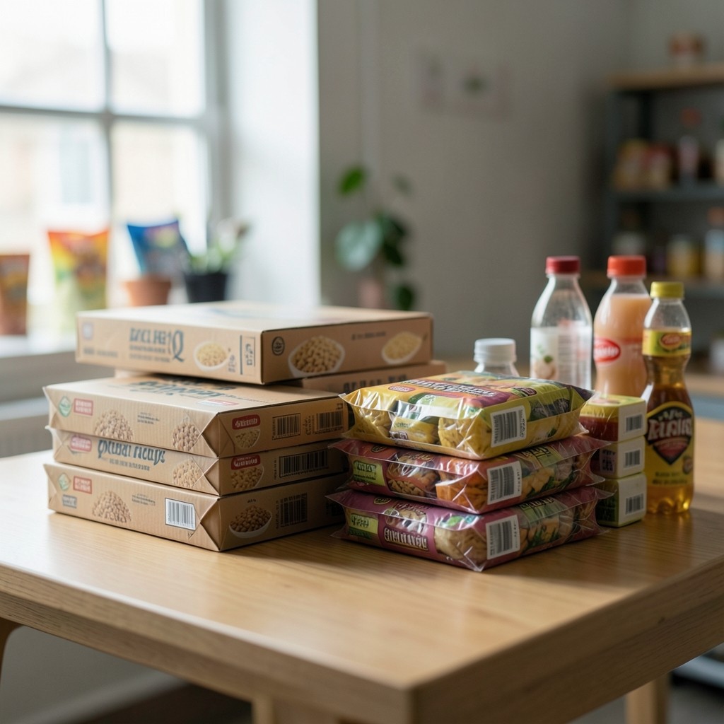 Gift-ready consumer goods packs stacked for a festive retail season in soft daylight