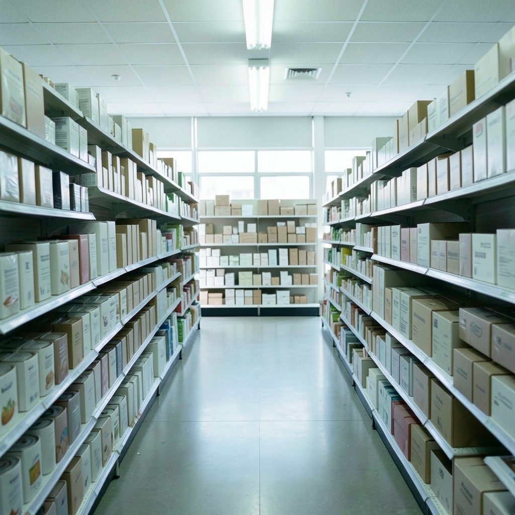 Retail aisle with promotional display and regular shelf facing of household goods