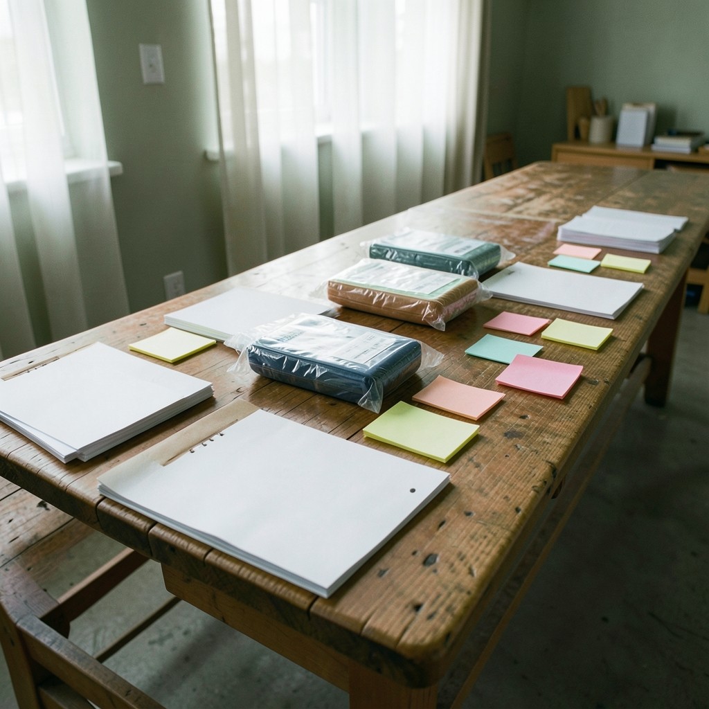 Facilitated forecasting workshop with planners reviewing printed demand packs around a long table