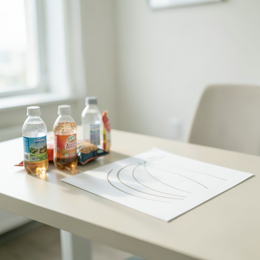 Consumer goods samples and printed demand charts on a light Bangkok workspace table