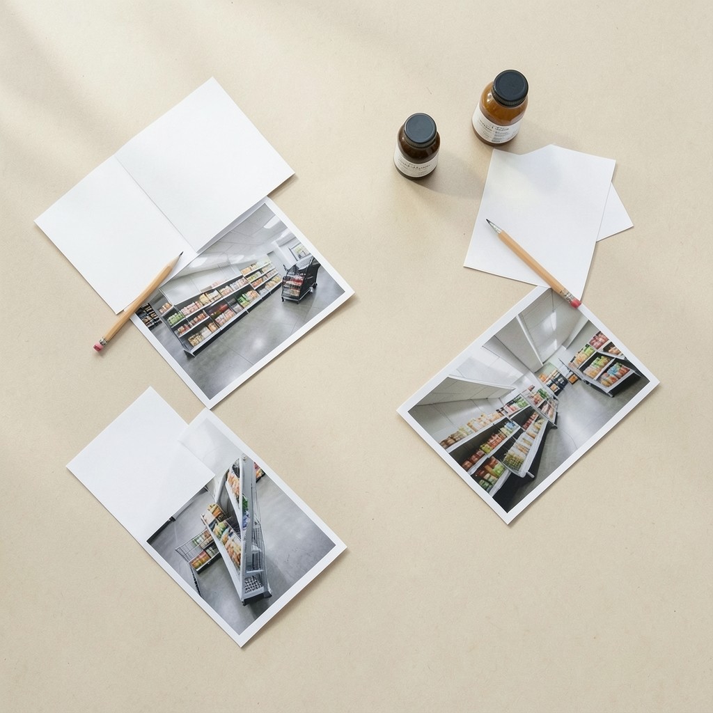 Facilitated category review meeting with shelf photographs and demand notes on a table