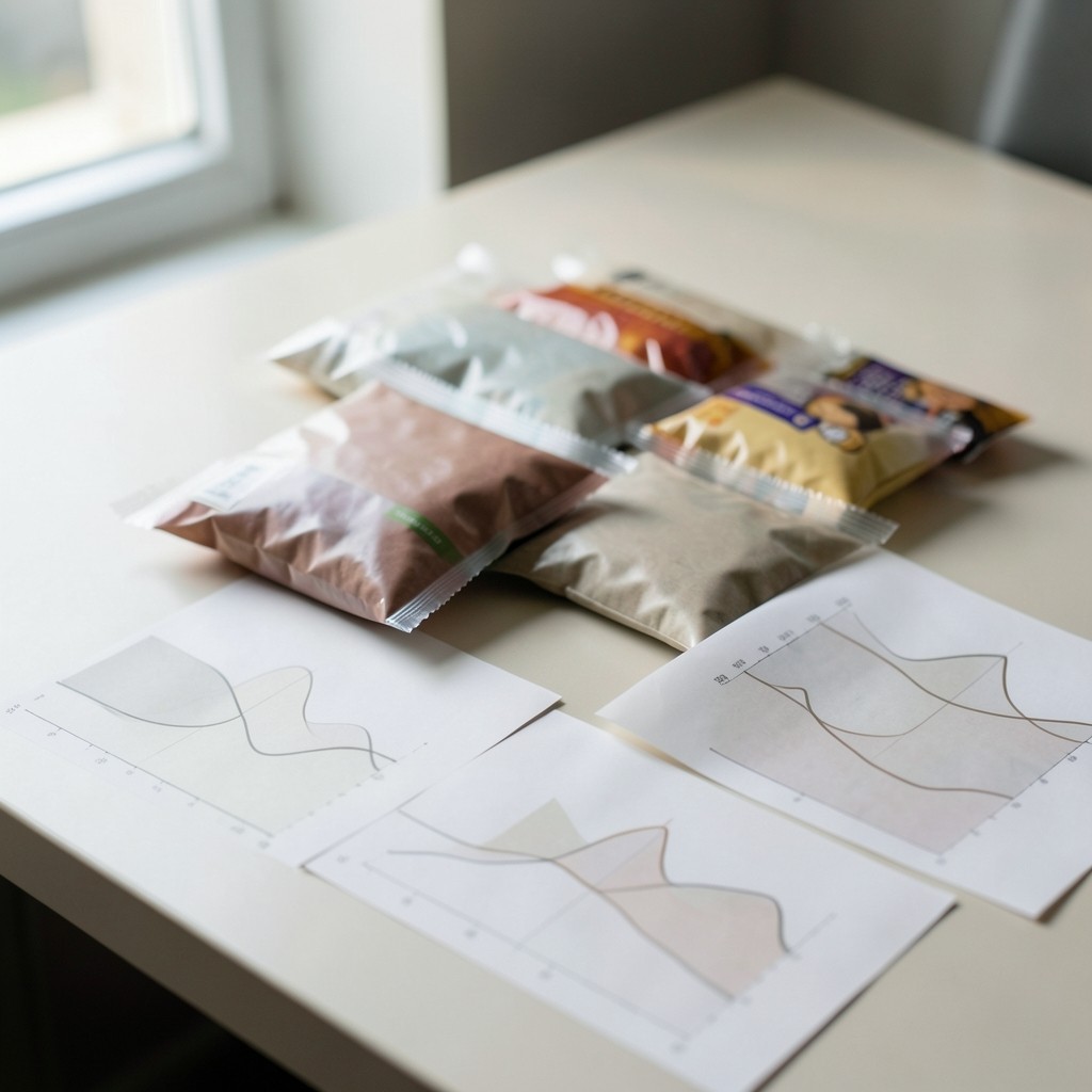 Planner reviewing printed category sell-through charts beside packaged consumer goods samples